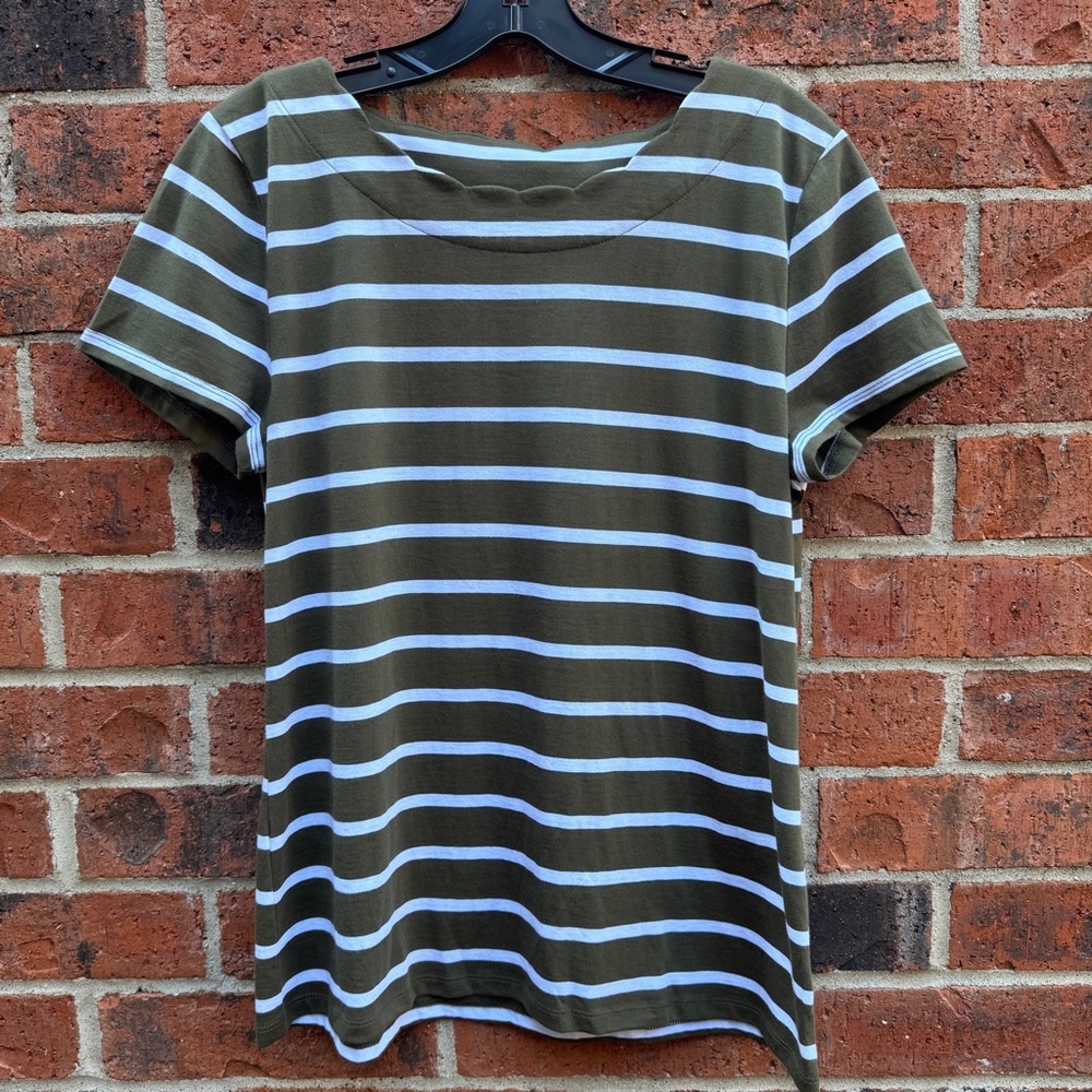 Talbots Scallop Neck Clean Stripes Olive Green